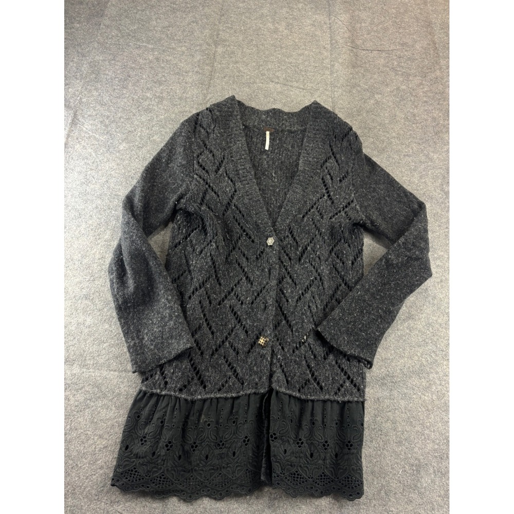 Free People Gray Wool Blend Pointelle Eyelet Lace Ruffle Cardigan L Gothic Fairy